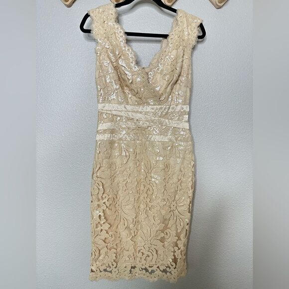 TADASHI Shoji Primrose Embroidered Lace Sheath Cocktail Dress Ivory Nude Size 4 - Picture 3 of 10